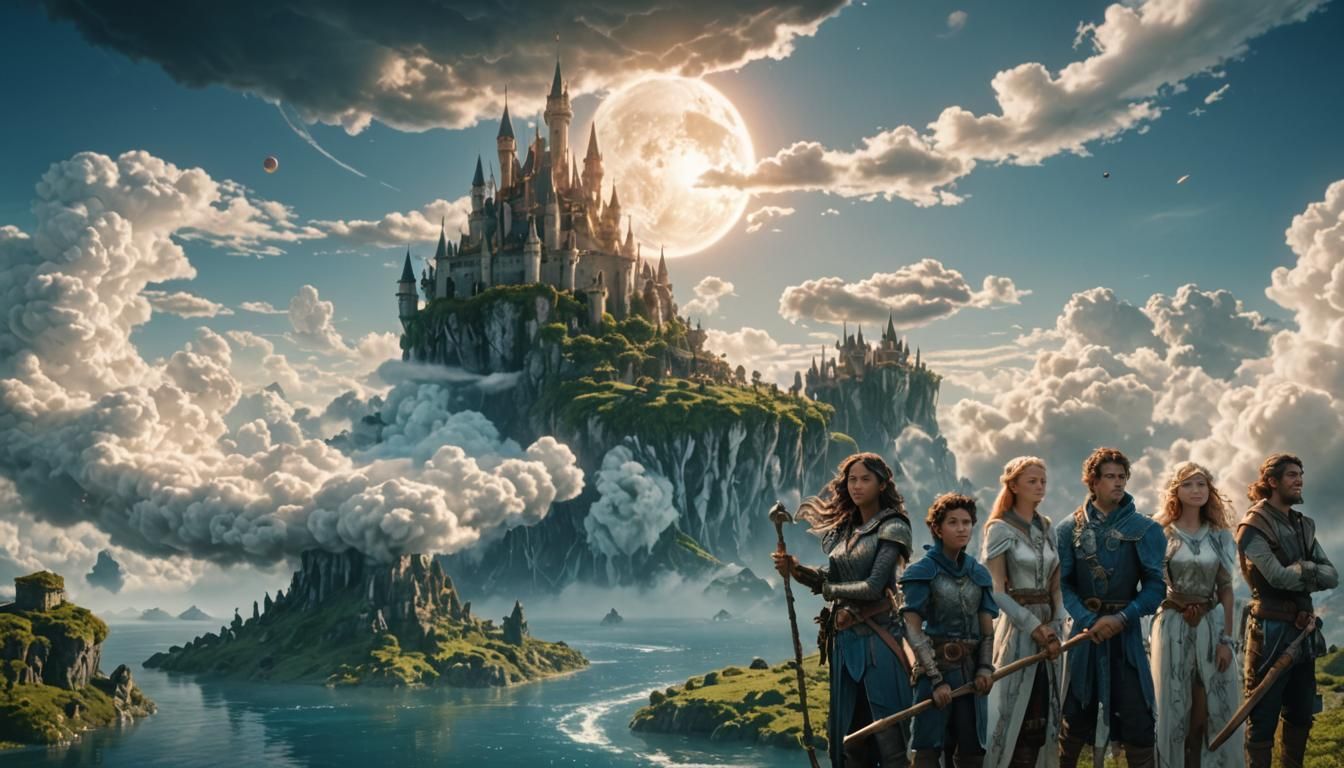 Fantasy Adventurers on Floating Island with Cloud Castles