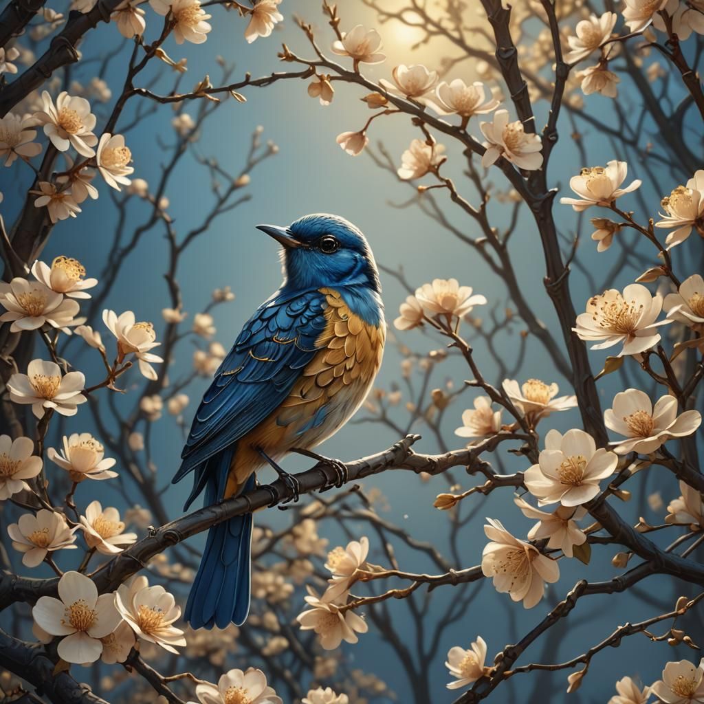 Art Nouveau Bird on Blossom Branch