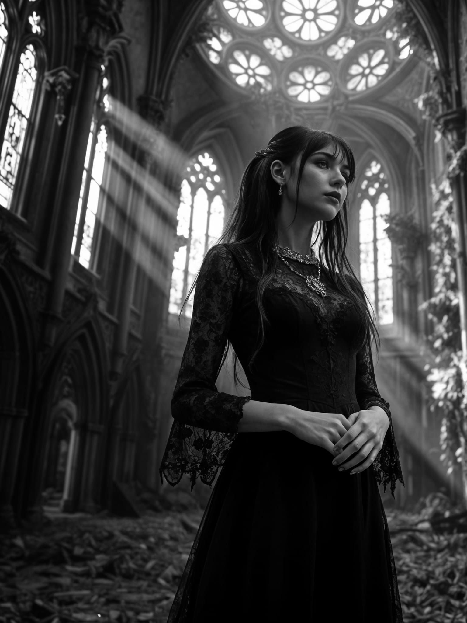 Gothic Woman Portrait in Abandoned Cathedral