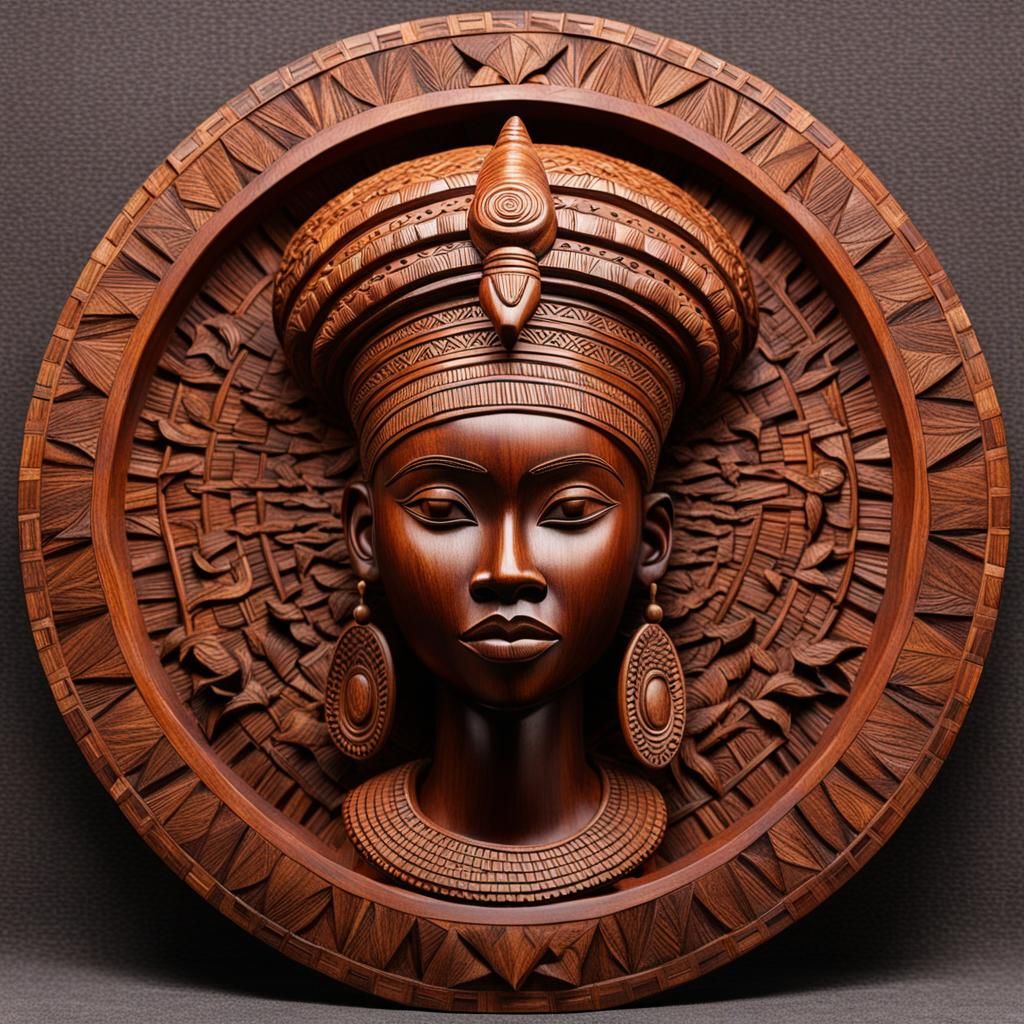 Wooden Carved African Queen in Round Frame