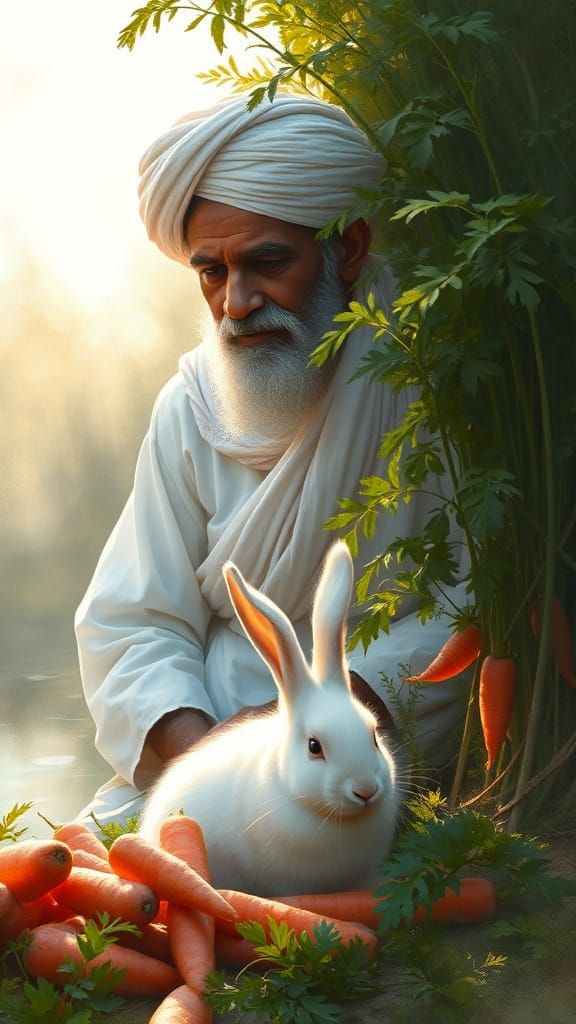 Farmer Watches Rabbit Eat Carrots in Morning Mist