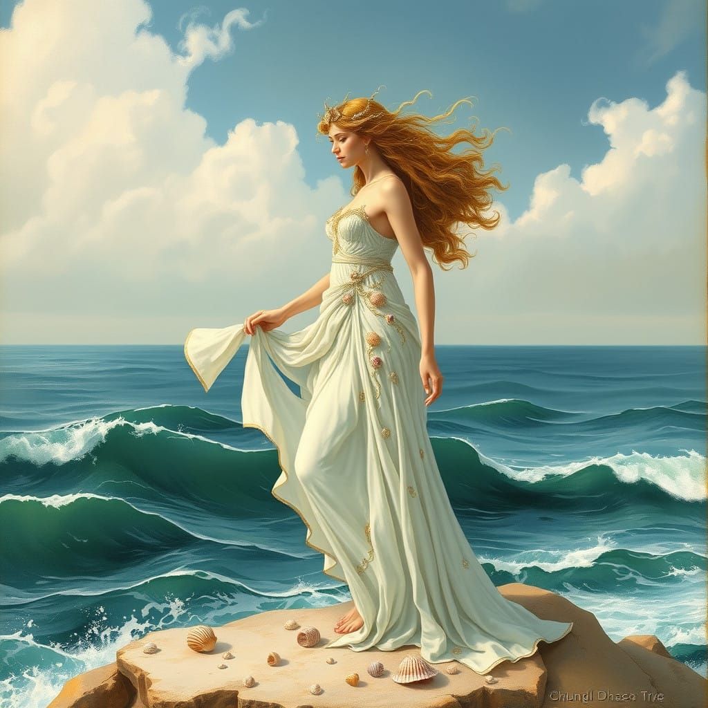 Serene Sea Goddess in Botticelli-Inspired Italian Renaissanc...
