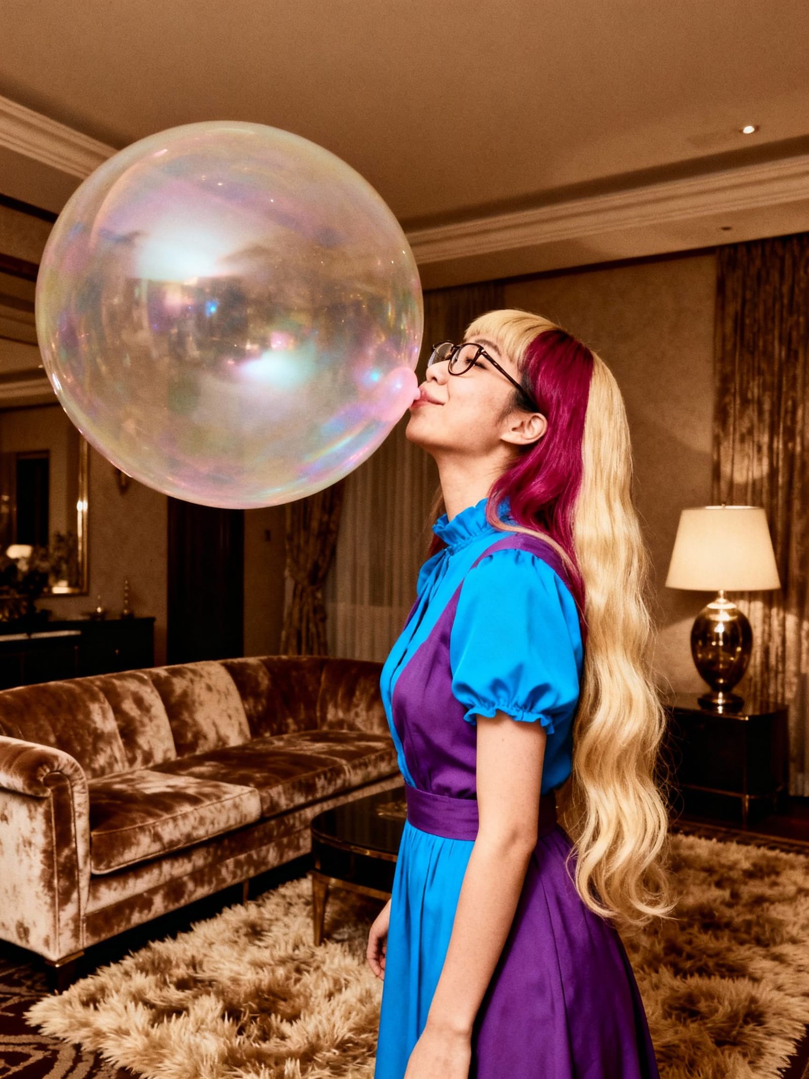 Japanese Woman Blowing Giant Bubblegum in 70s Photo