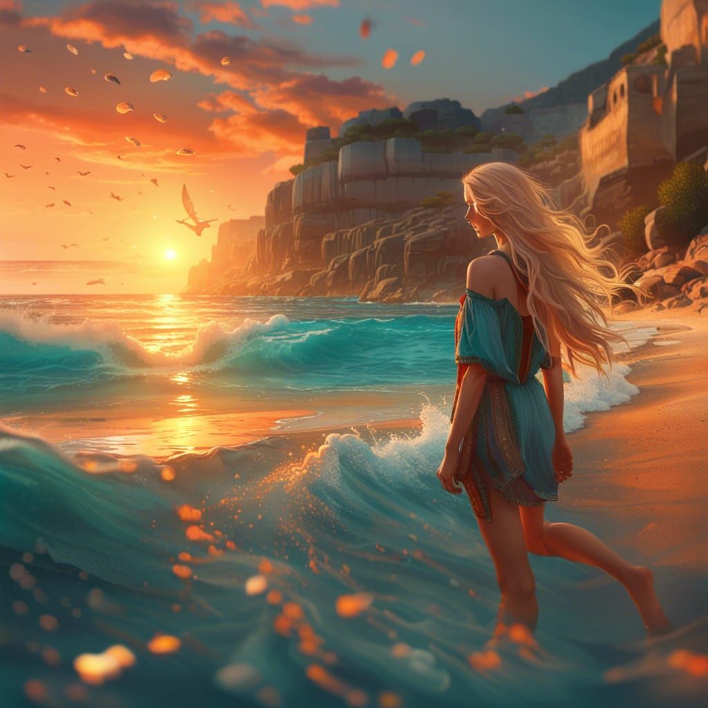 Greek Beach Sunset with Girl, Artstation Style