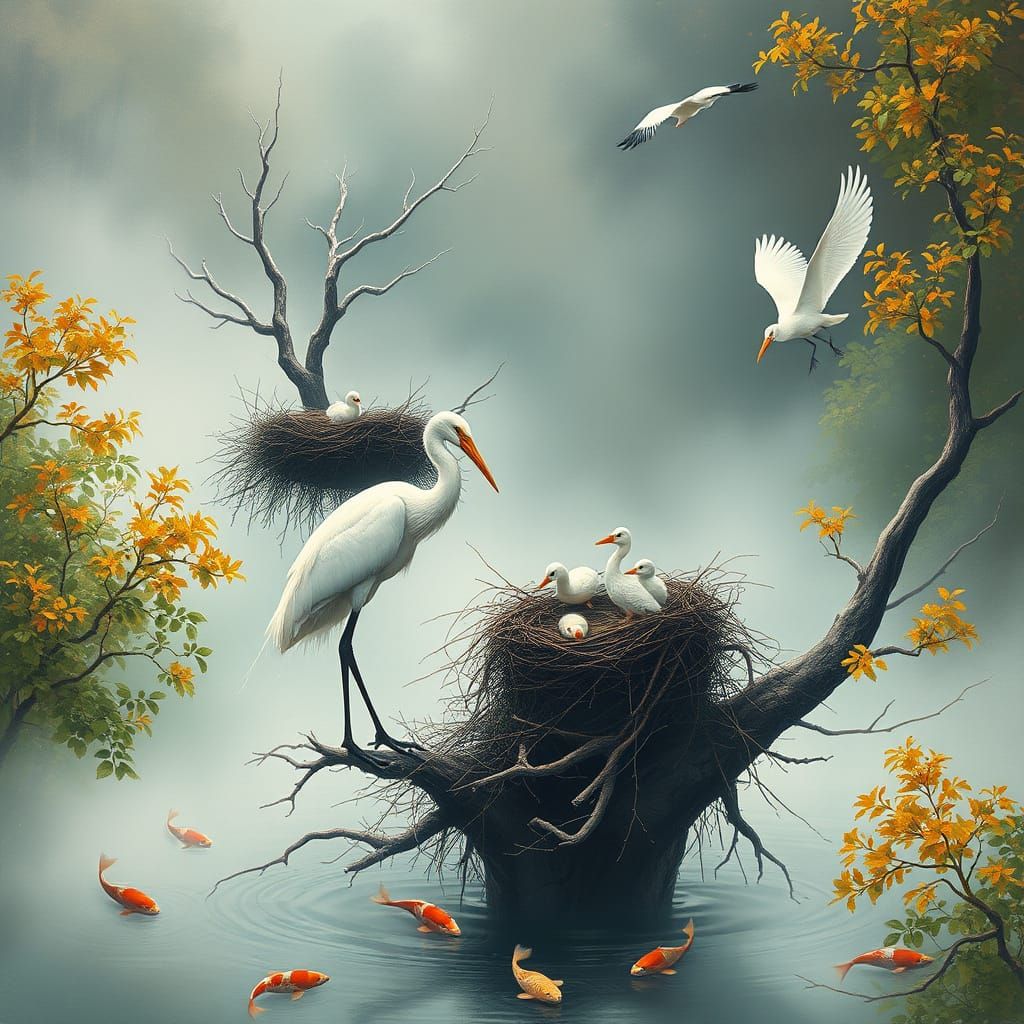 Serene White Crane Mother Watches Over Her Ghostly Nest