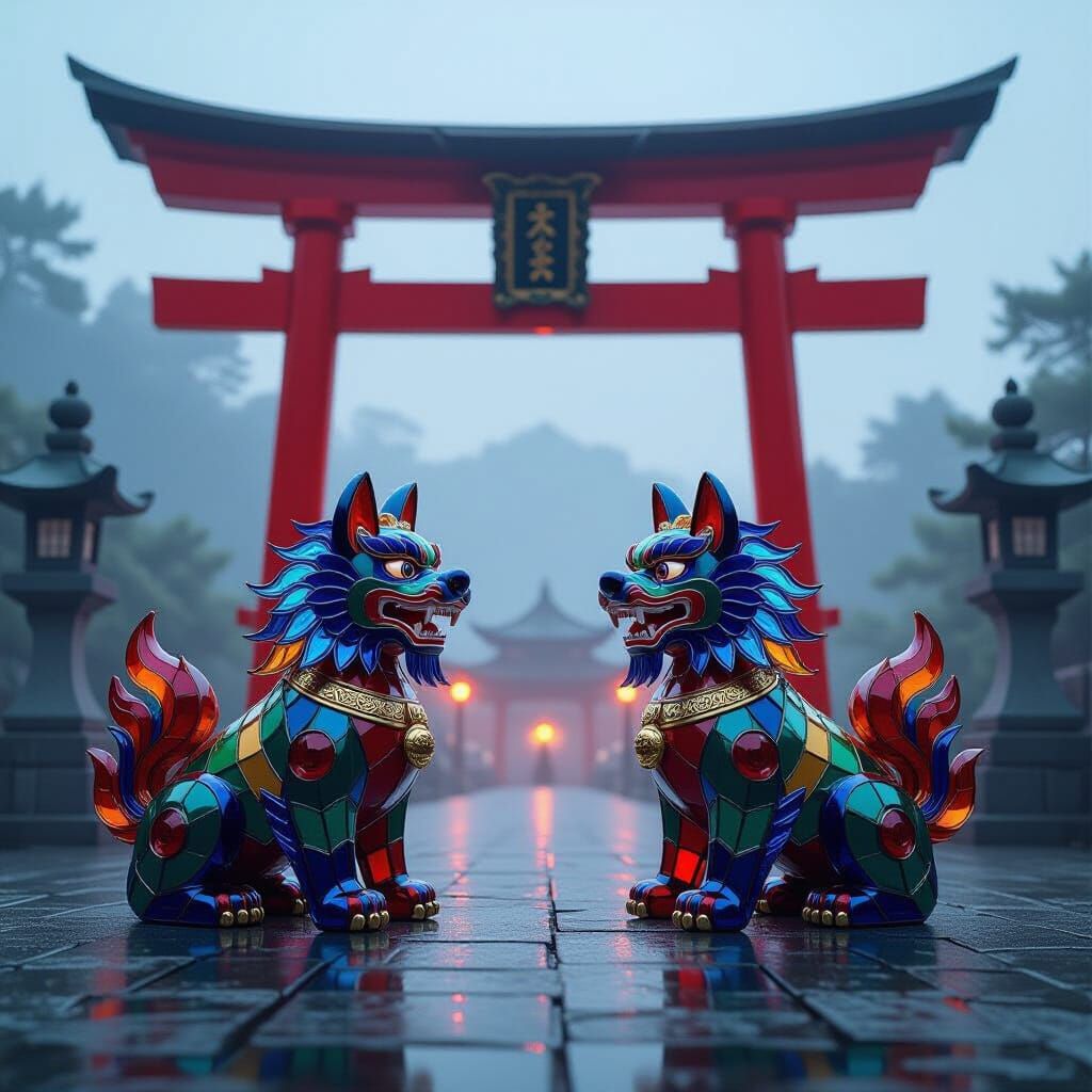 Glass Foo Dogs with Red Crystal Torii Gate