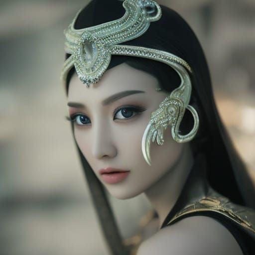 Majestic Woman with Ice Crystals and Prismatic Ribbons