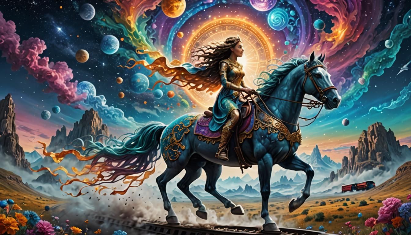 Goddess on Horse in Surreal Astral Landscape