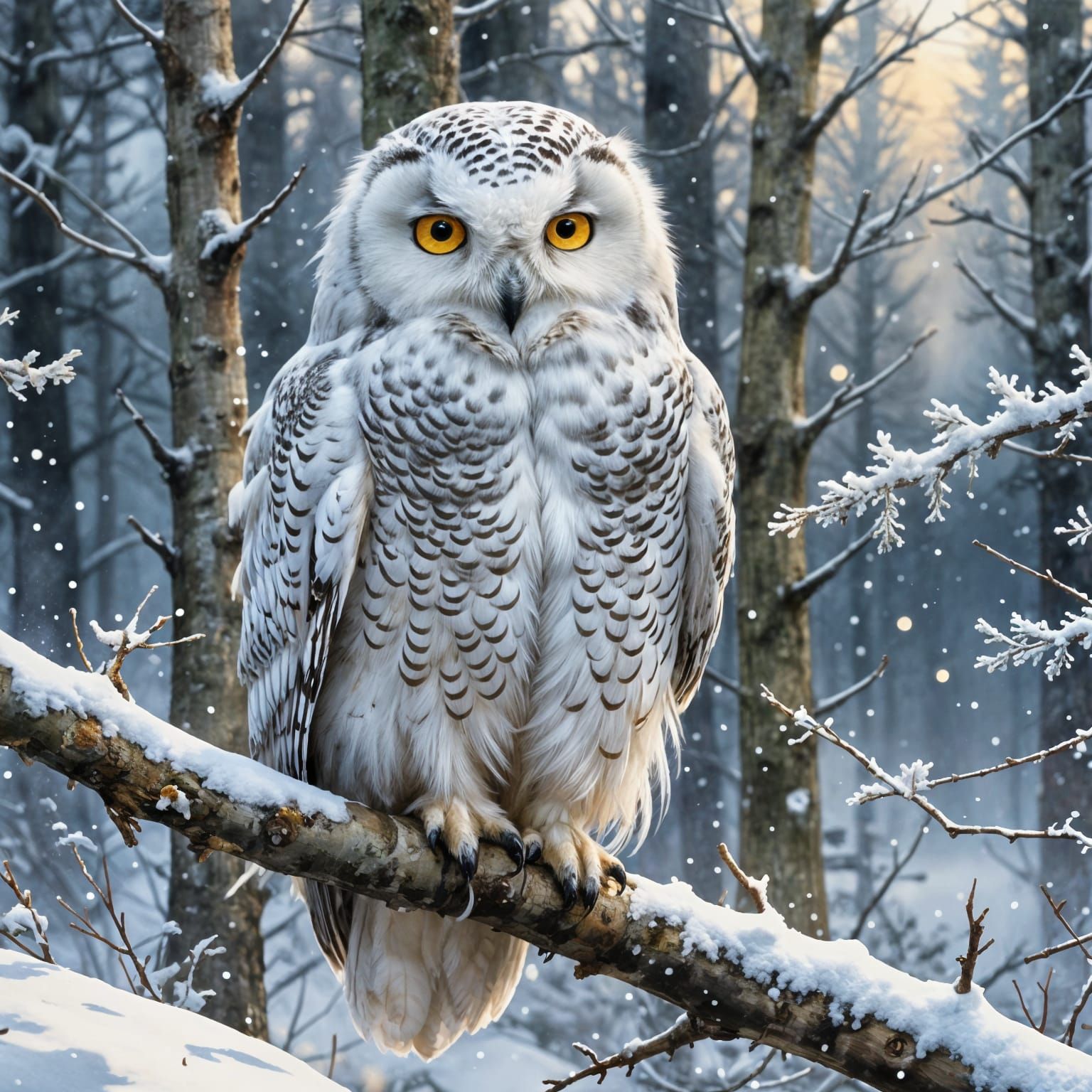 Snowy Owl in Winter Forest, Stylized Watercolour