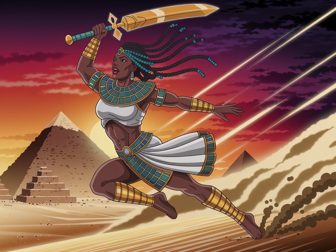 Egyptian Warrior Queen Digital Art Poster in Vintage Anime S...