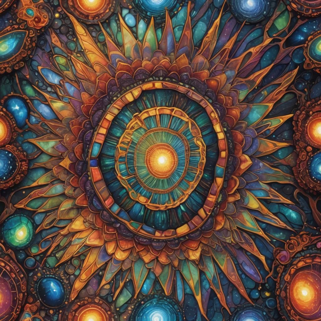 Pulsating Mandela Stone: Cosmic Psychedelic Illustration