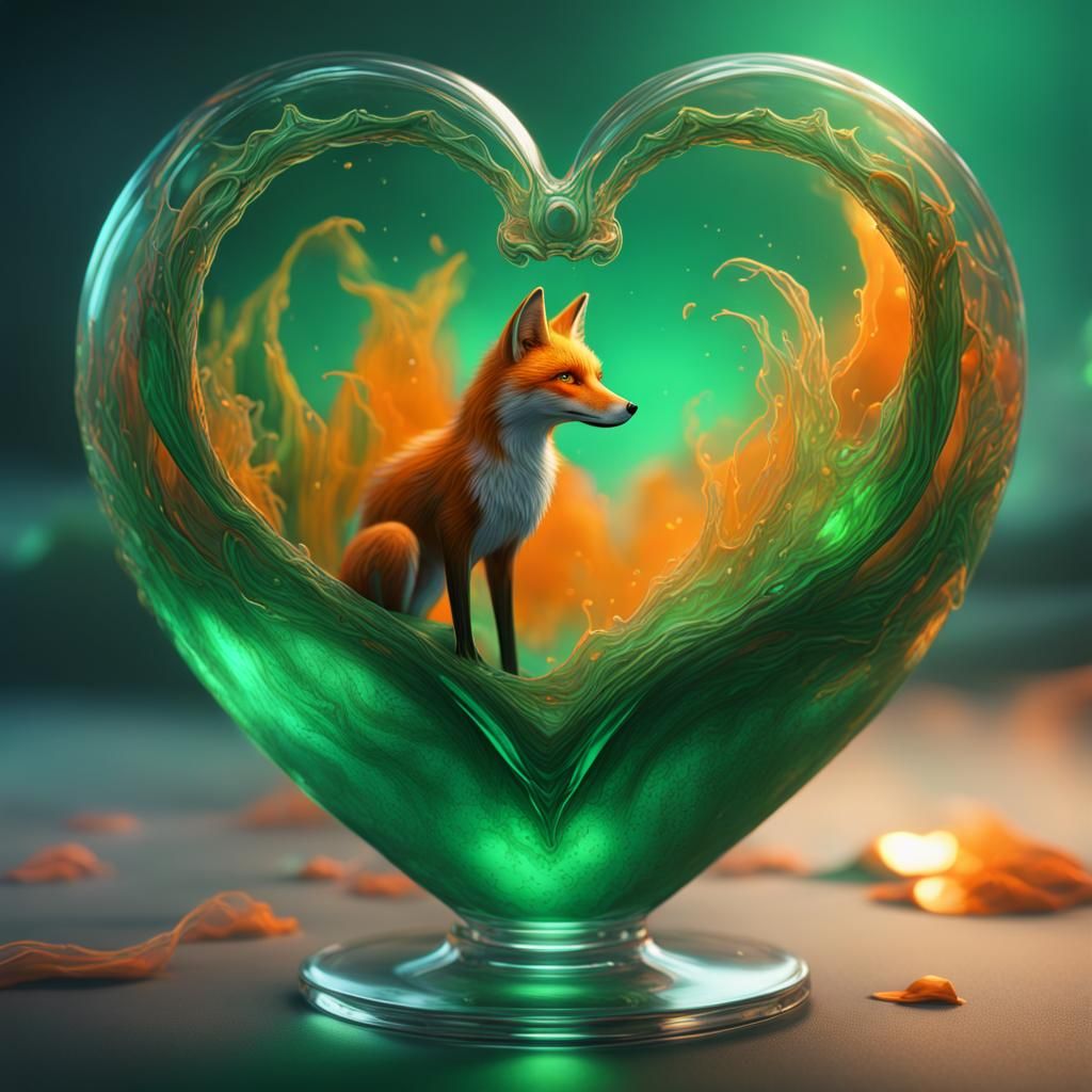 Heart Glass with Green Foxes in Fantasy Style