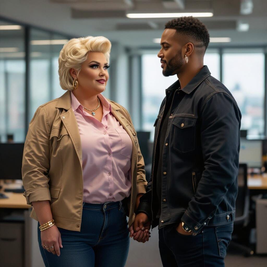 Chubby Effeminate Person with Masculine Features in Office