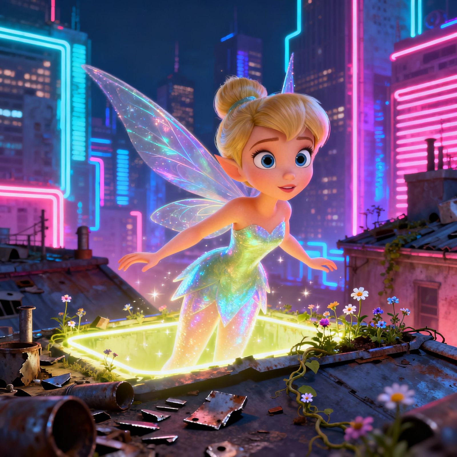 Disney-Style Fairy in Neon Cityscape