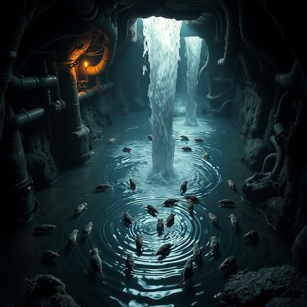 Underground Wastewater Waterfall in Moody Lighting