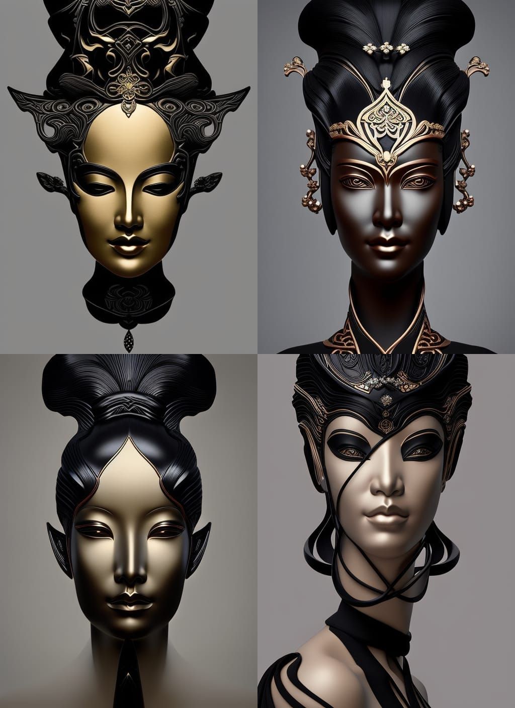 Elegant Black Elf Geisha Portrait in Art Nouveau Style