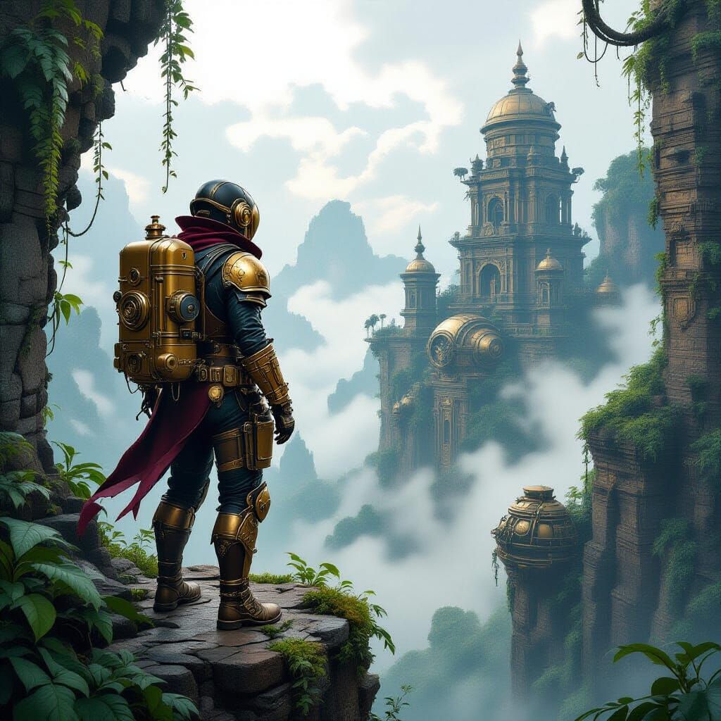 Steampunk Explorer Overlooking Mystical Jungle Ruins
