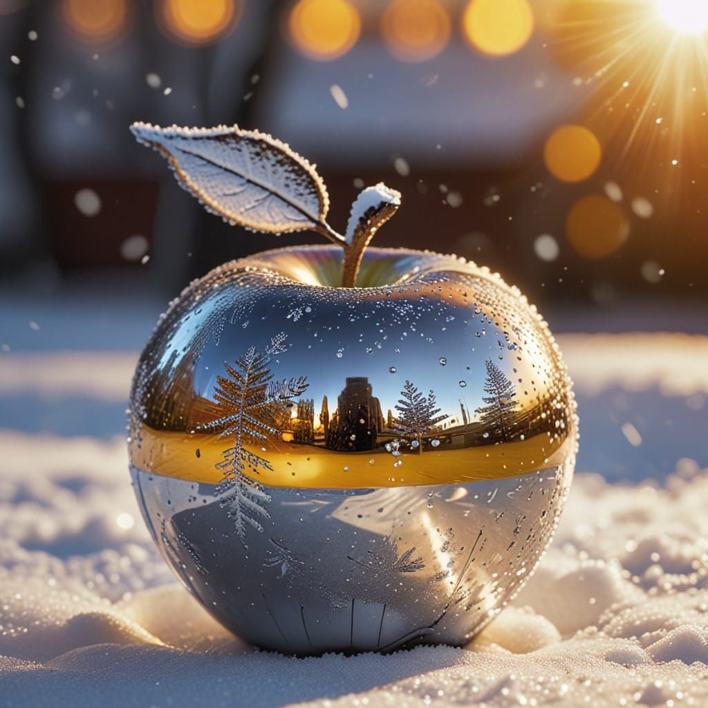 Winter Snow Scene Reflected in Polished Chrome Apple at Suns...