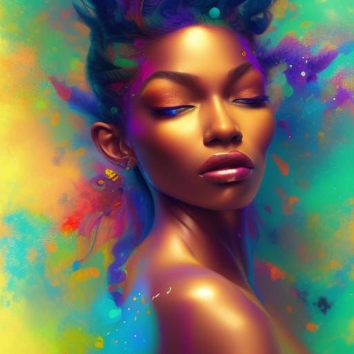 Radiant African Woman in Starry Universe, Splash Art