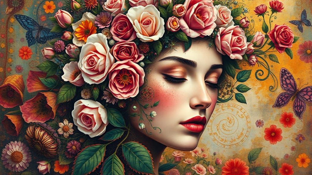 Floral Woman Portrait in Neo-Expressionist Style