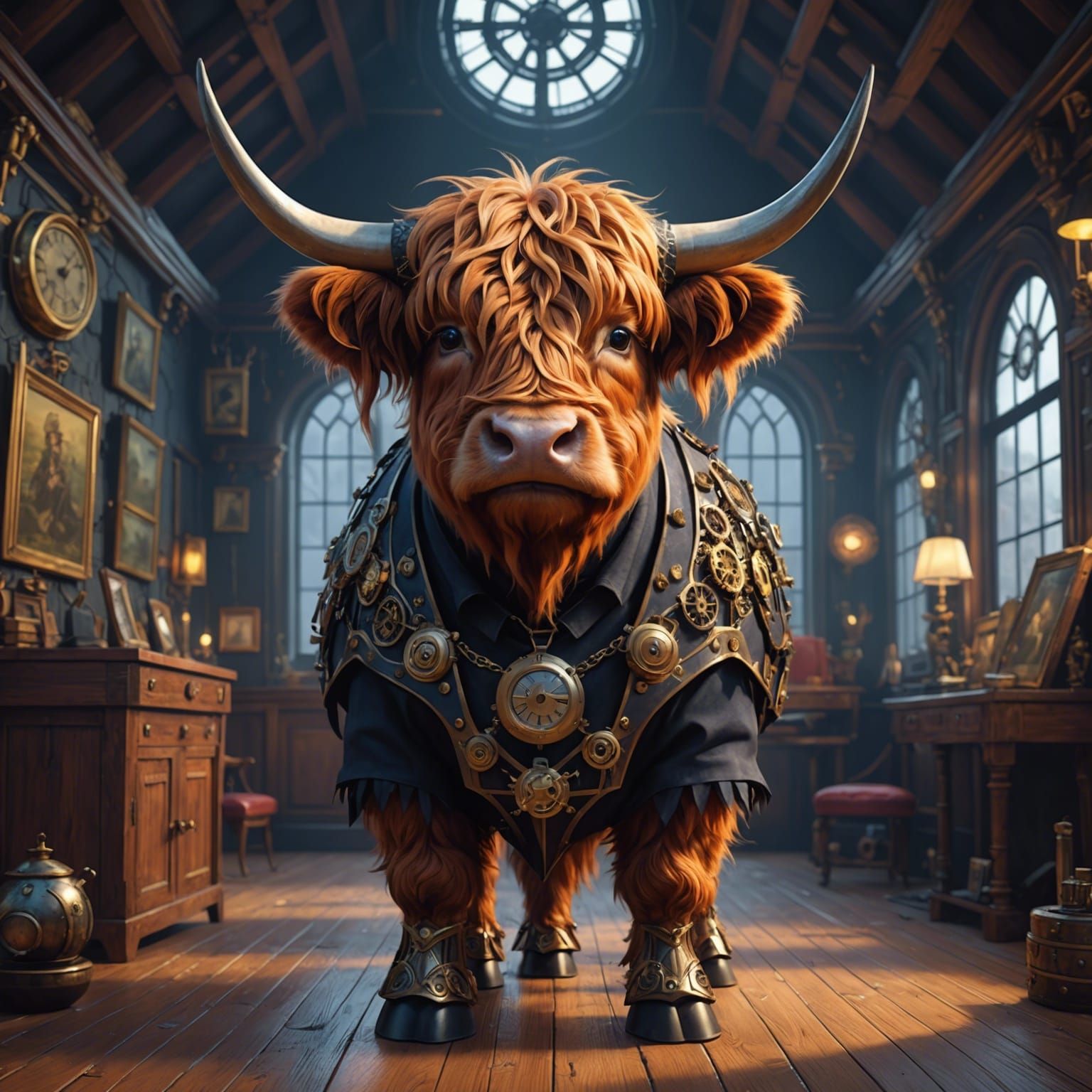Steampunk Gothic Highland Cow in Vorticism Style