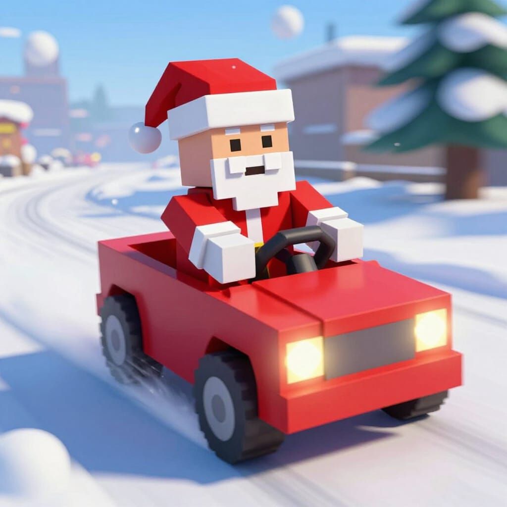 Roblox Santa Drives Fast in Snowy Cartoon Car