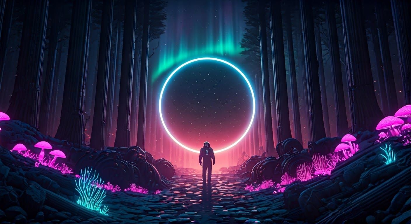 Astronaut in Cyberpunk Forest with Celestial Portal