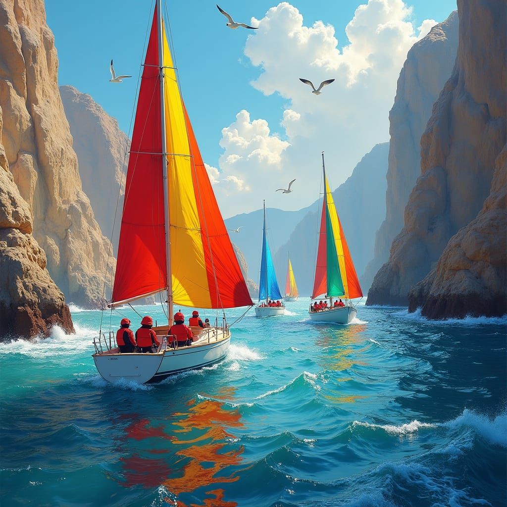 Sailboats on Rocky Coastline in Vivid Colors