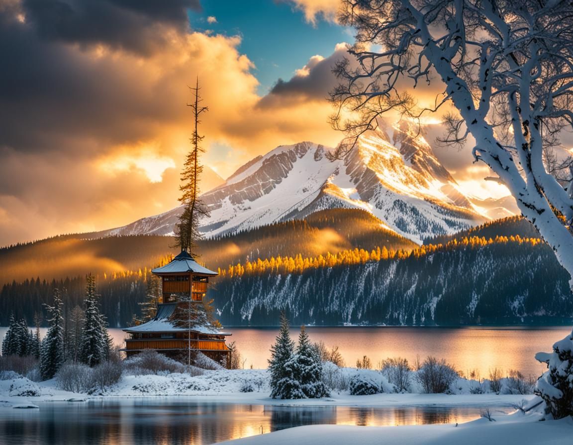 Golden Sunlight Breaks Over Alpine Lake: Cinematic Landscape