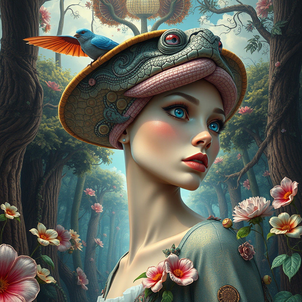 Surreal Woman Breathing Air in Dynamic Art Style