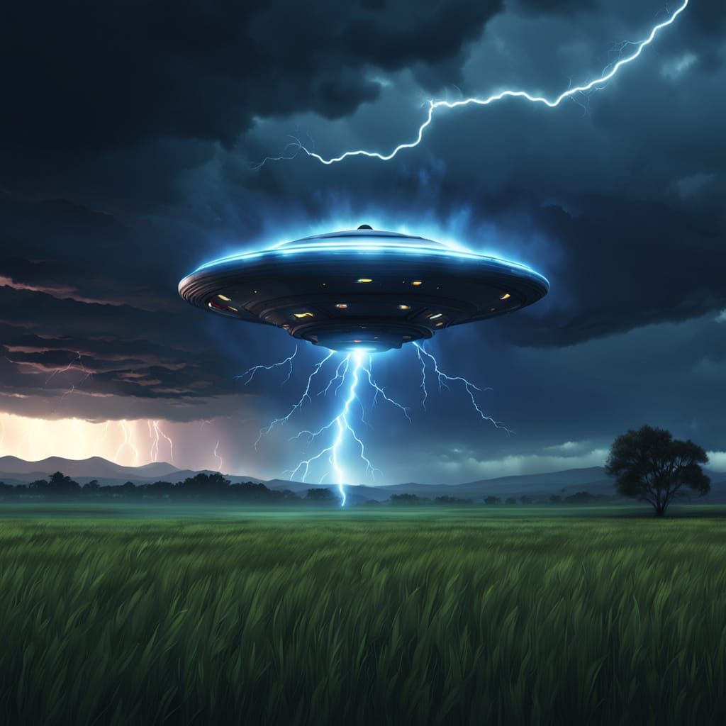 UFO Landing in Lightning Storm: Digital Illustration