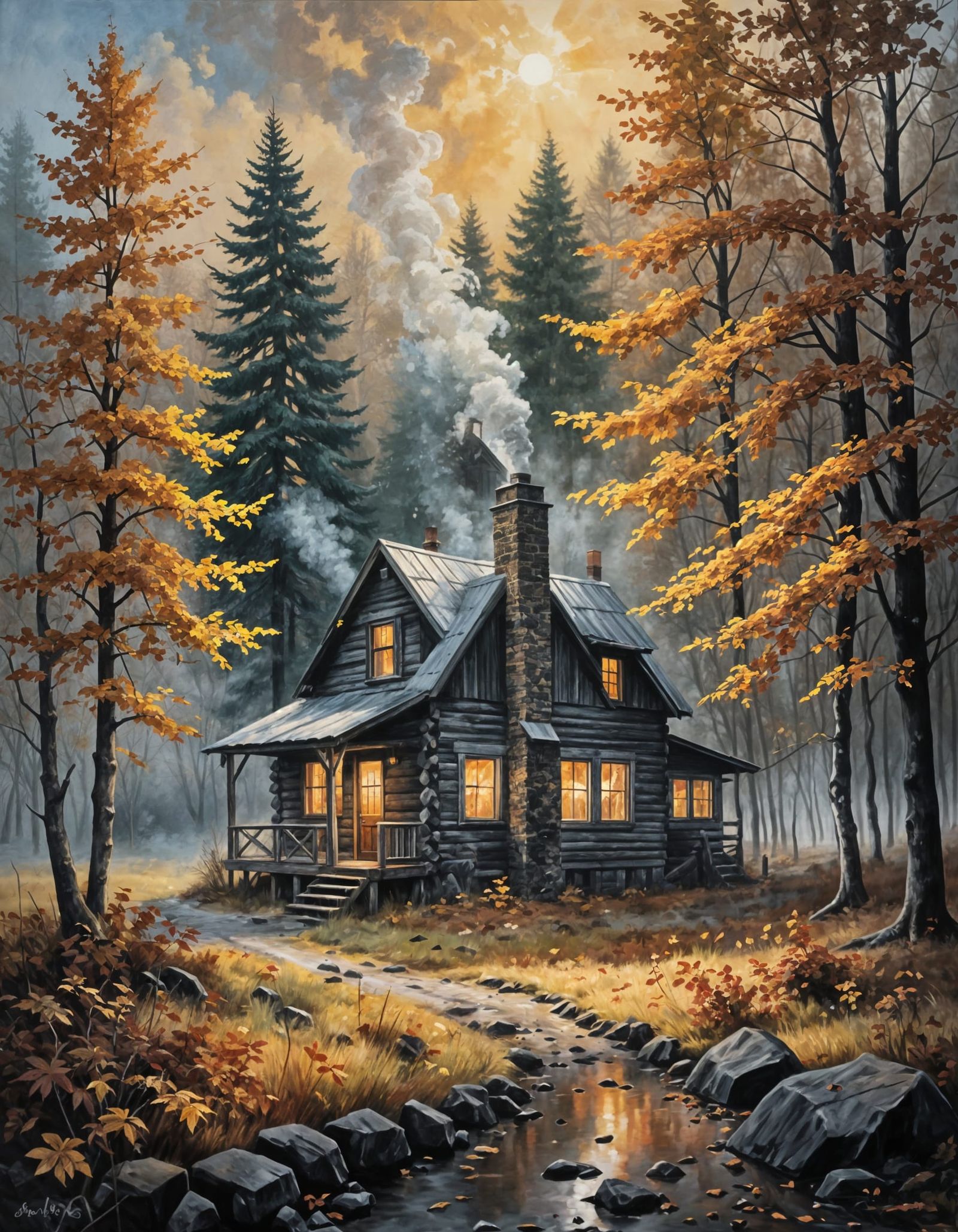 Surreal Autumn Cabin Scene in Moody Oil Painting Style