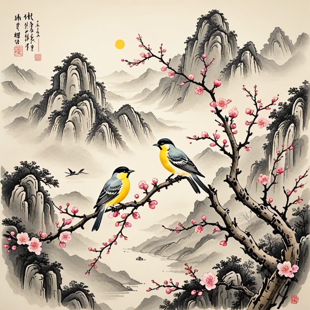 Chinese Mountains with Pink and Yellow Birds on Plum Branch