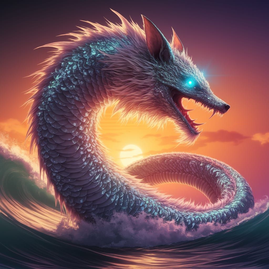 Electric Eel Wolf Sea Serpent Emerges from Sunset Depths