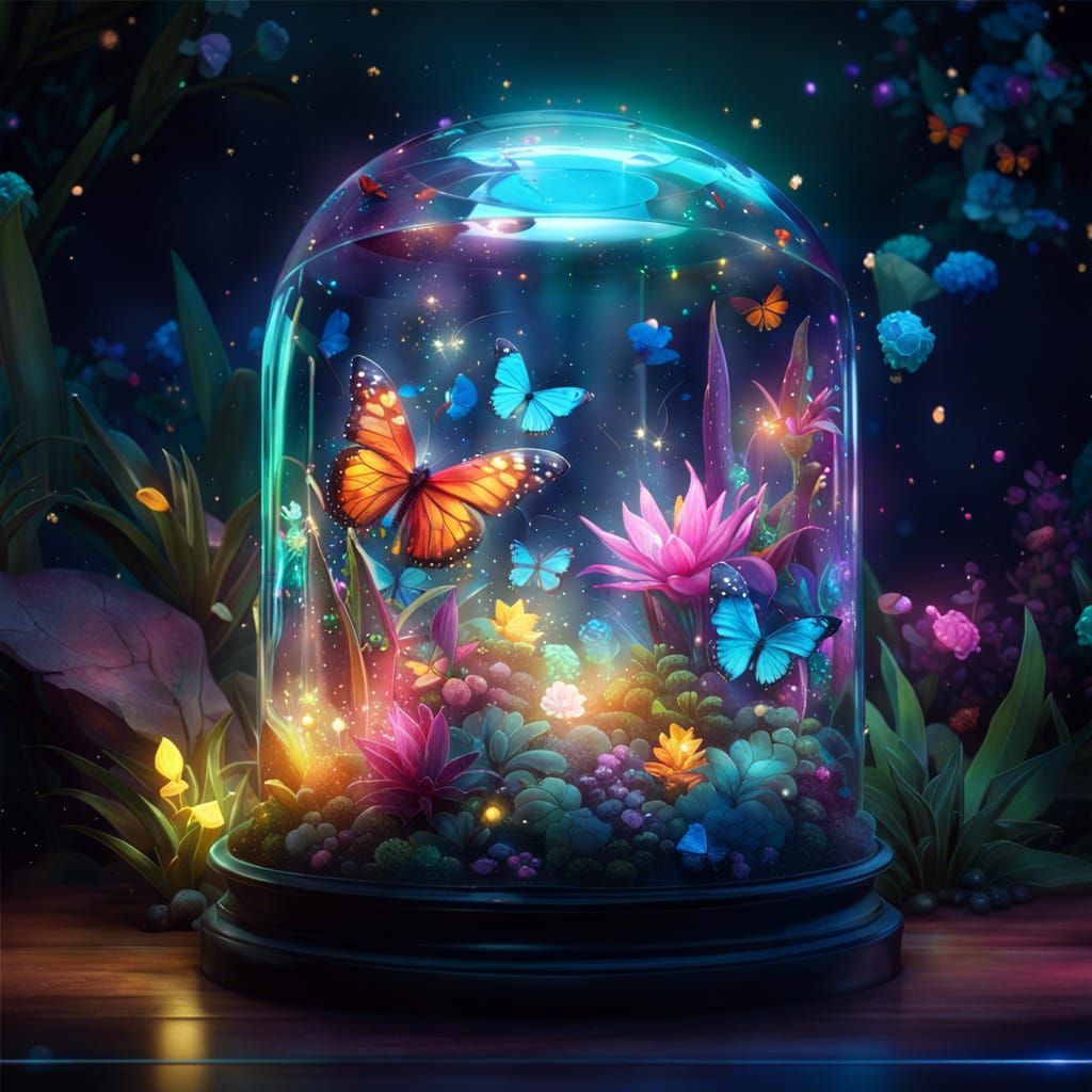 Magical Terrarium with Colorful Plants and Butterflies