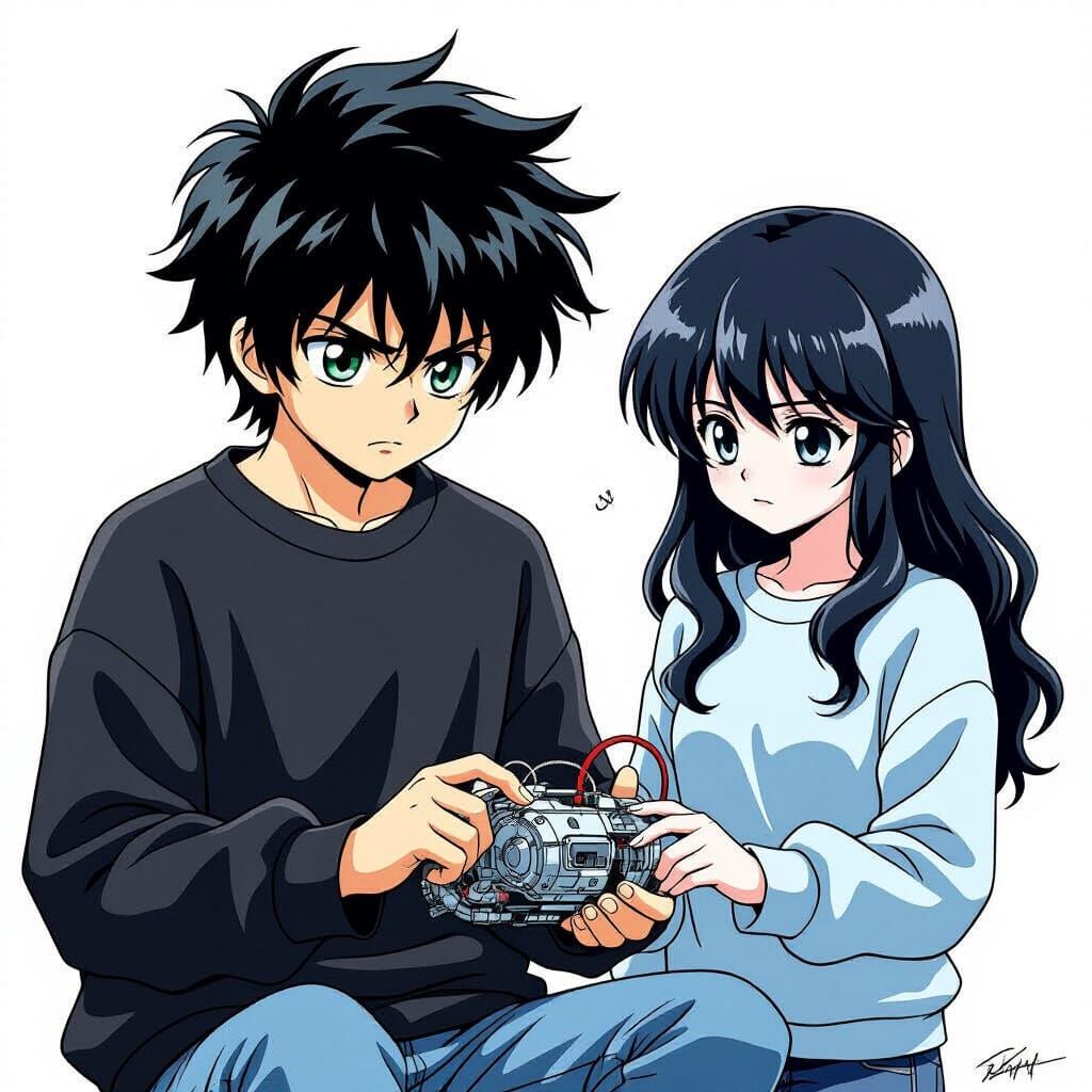 Anime Boy Fiddles with Device, Annoyed by Girl