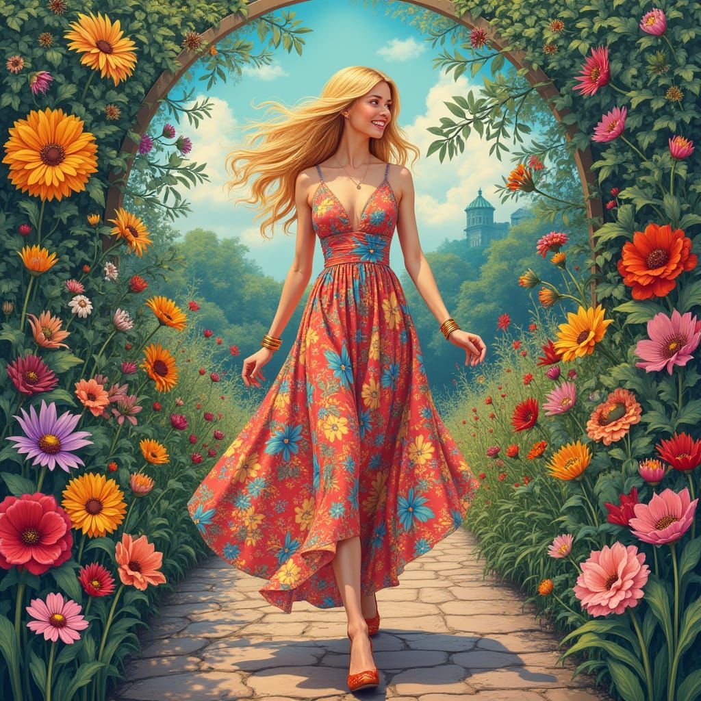 Woman in Rainbow Dress in Vibrant Garden