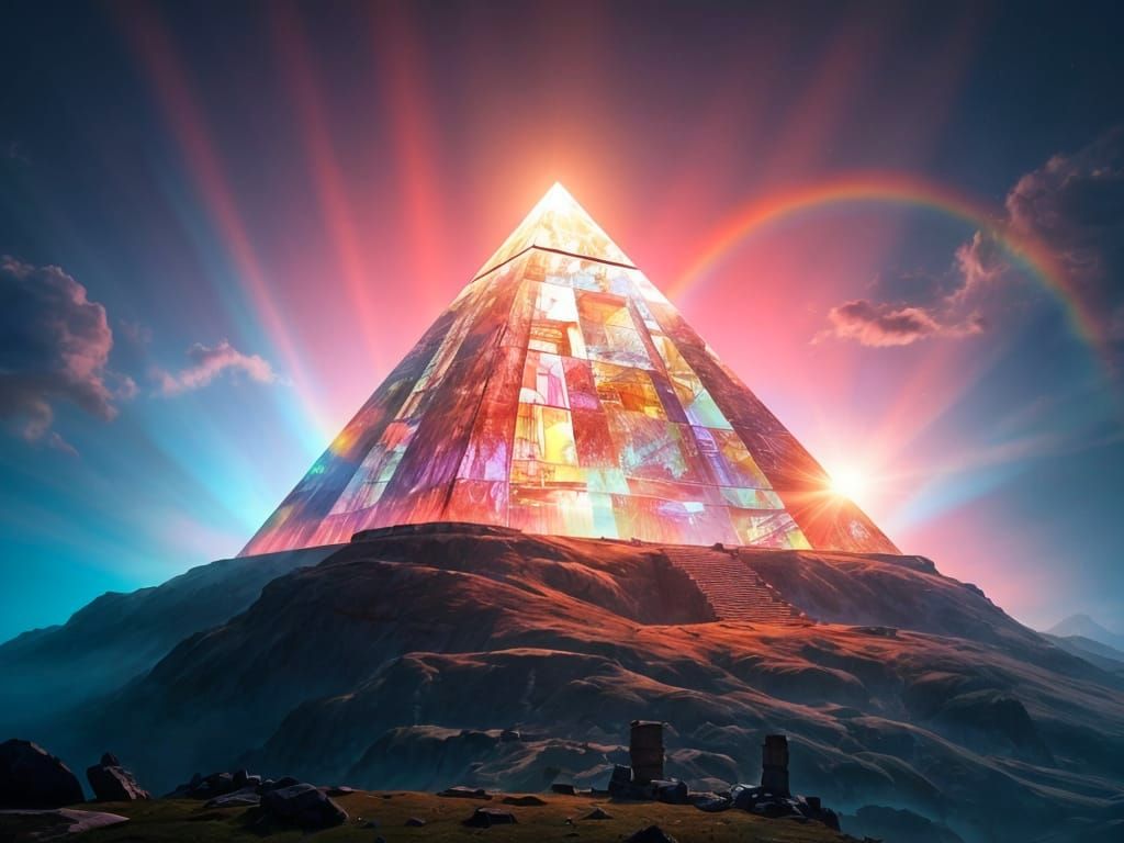 Prismatic Pyramid Illuminates Ancient Ruins in Surreal Art