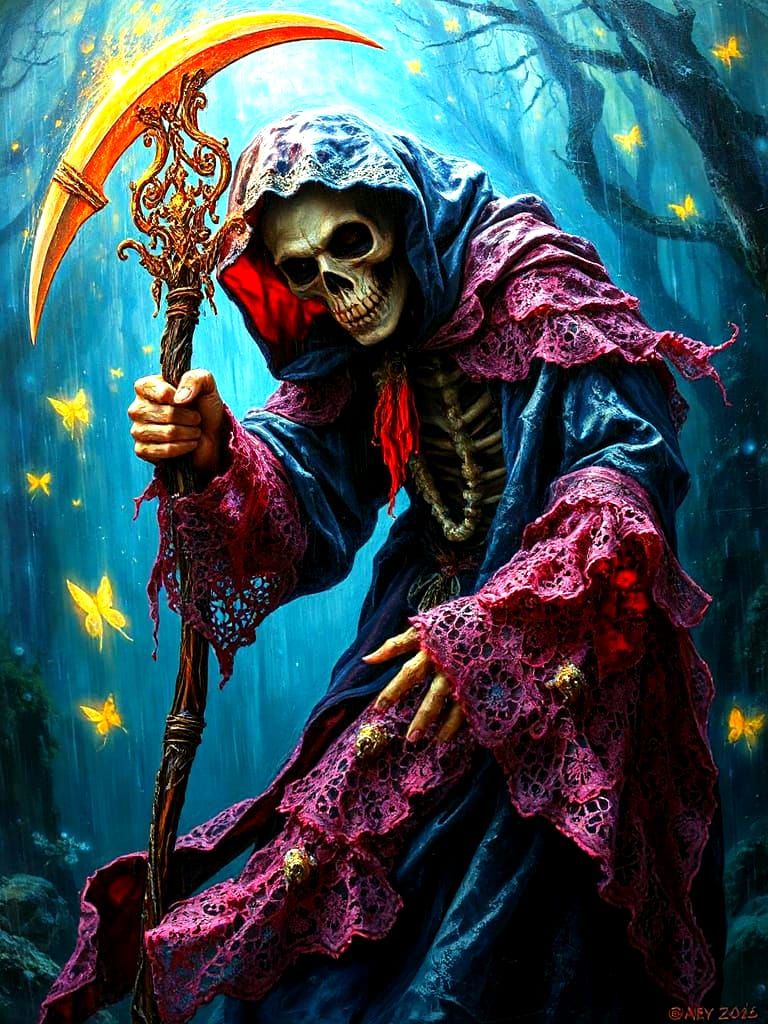 Grim Reaper in Vibrant Glitchcore Style