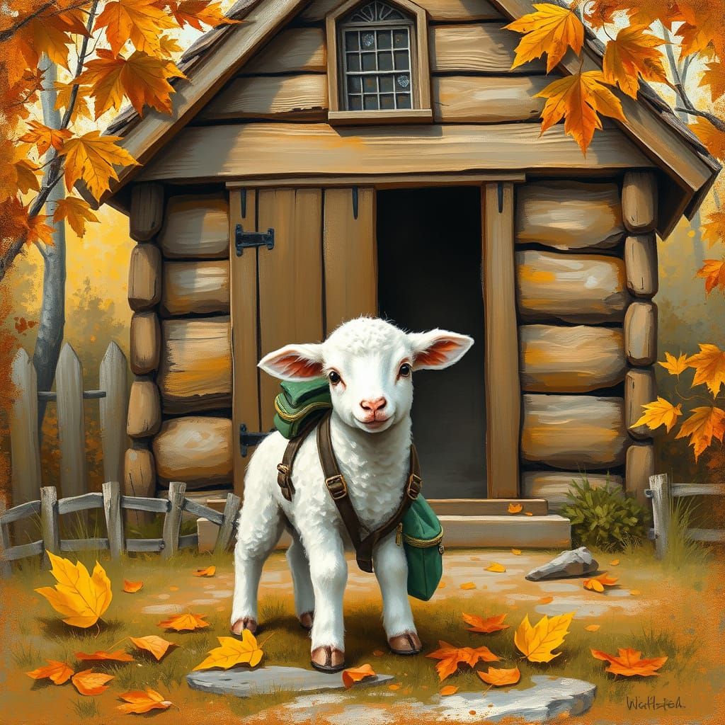Lamb's First Day: A Rustic Oil Painting