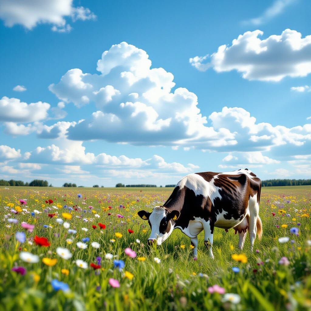 Black and White Cow in Vibrant Wildflower Meadow