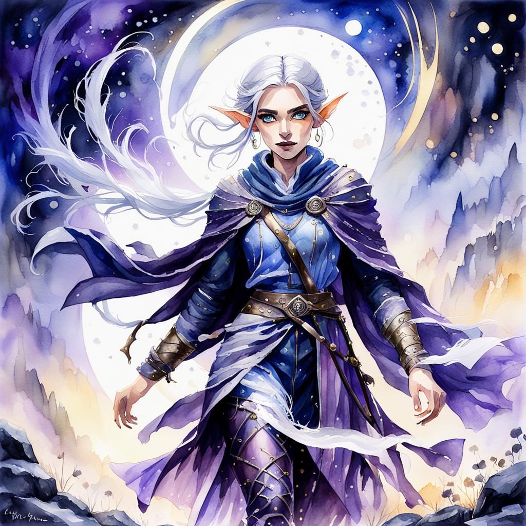 Elf Woman in Moonlit Mist: Watercolor Art