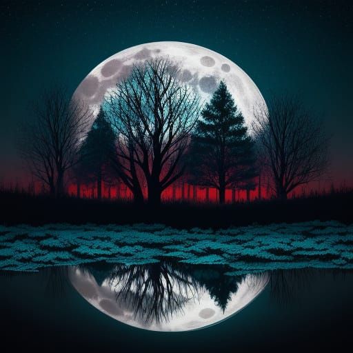 Dark Burgundy Moon Over Skull-Filled Night Sky