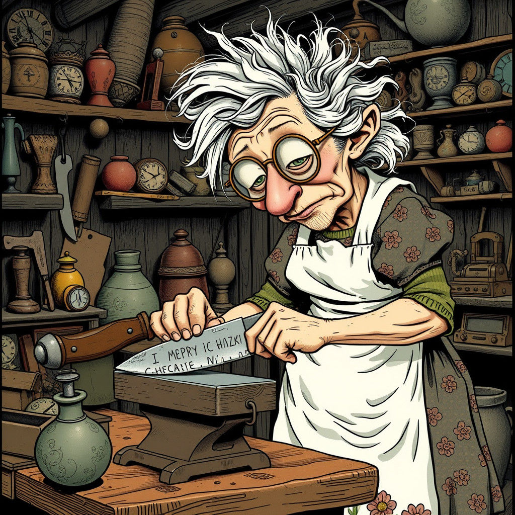 Eccentric Old Woman Sharpening Knife, Moebius Style