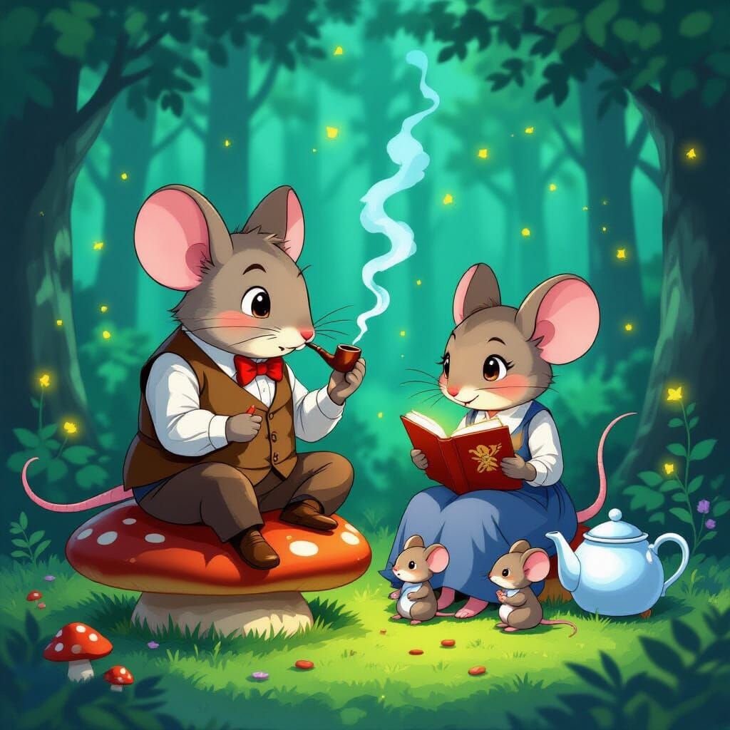 Charming Mice Family Storytime in Anime Style