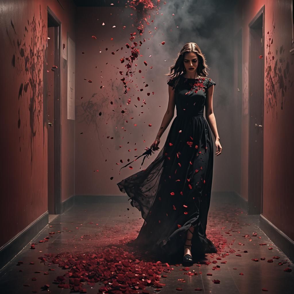 Dramatic Shadow Girl in School Hallway with Blood