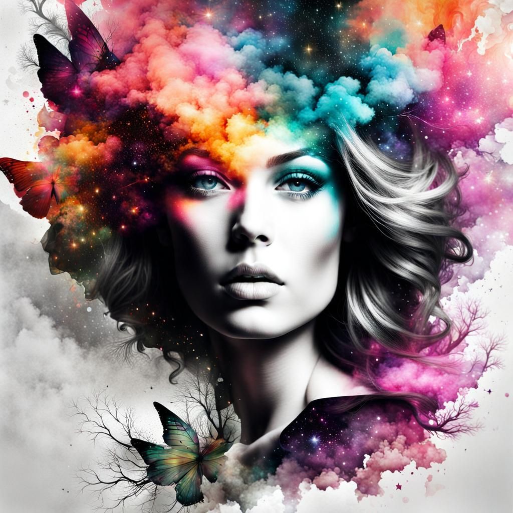 Double Exposure: Woman, Moon, and Starry Nebula