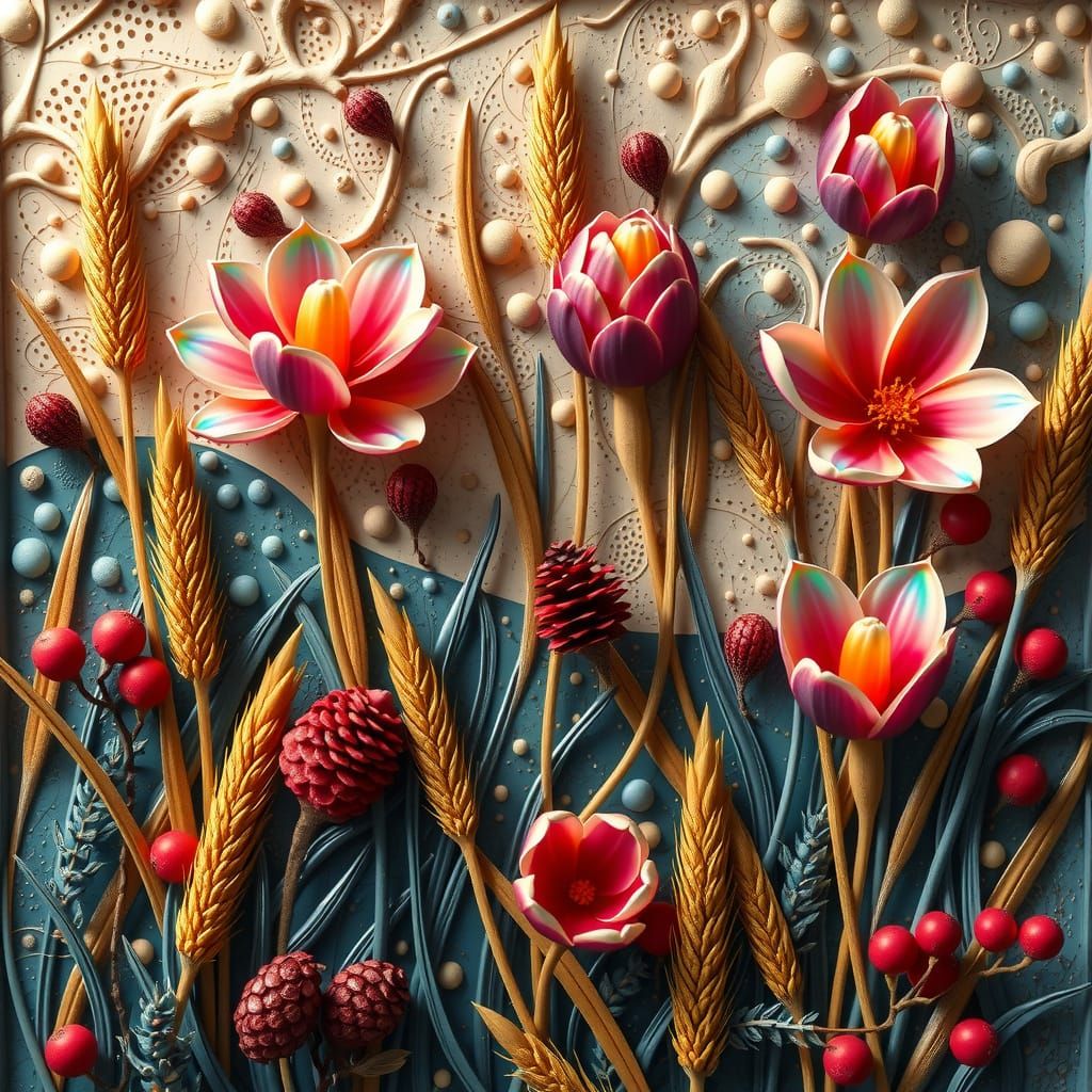 Surreal Garden Scene in 3D Relief Painting Style