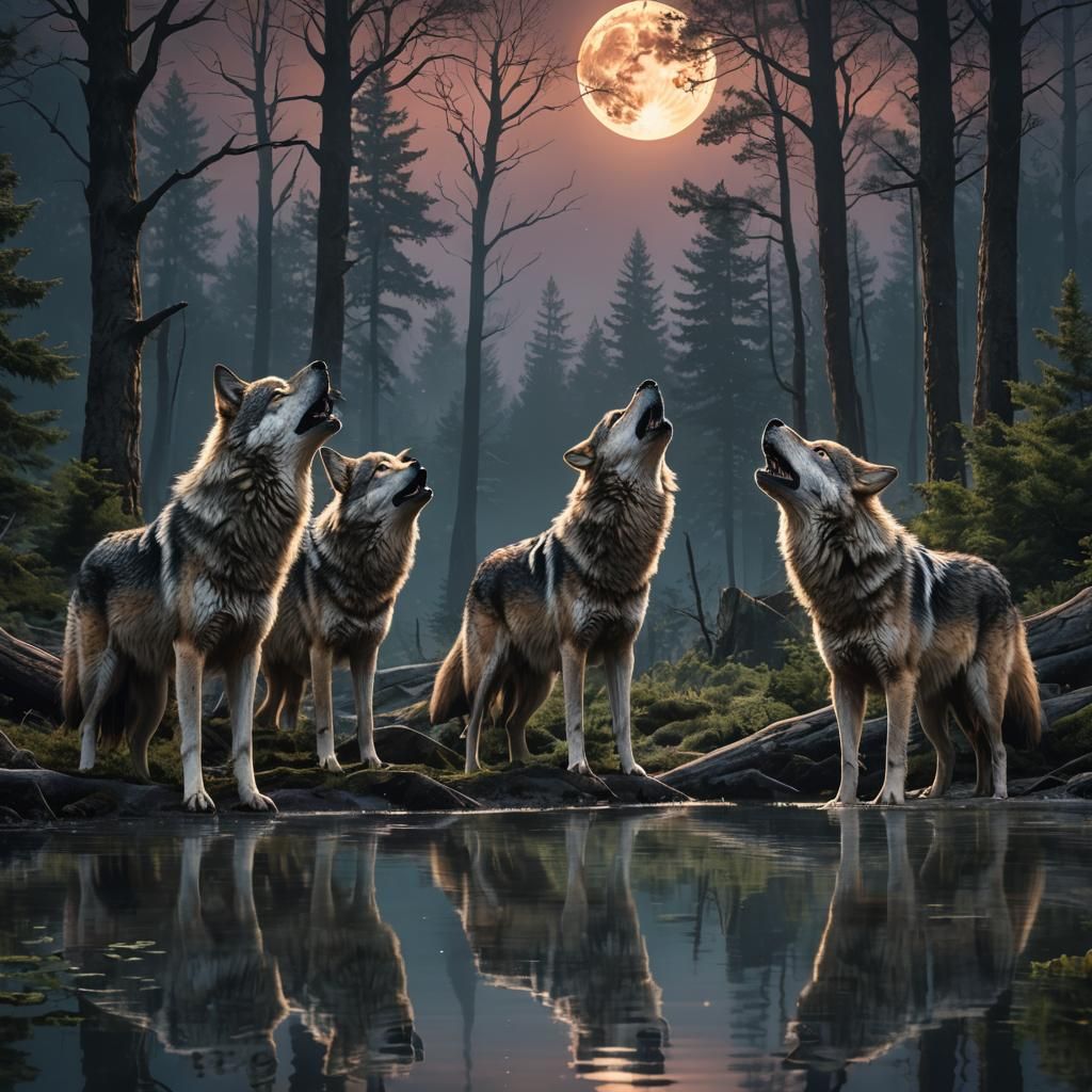 Majestic Wolves Howling Under Moonlight in Dense Forest