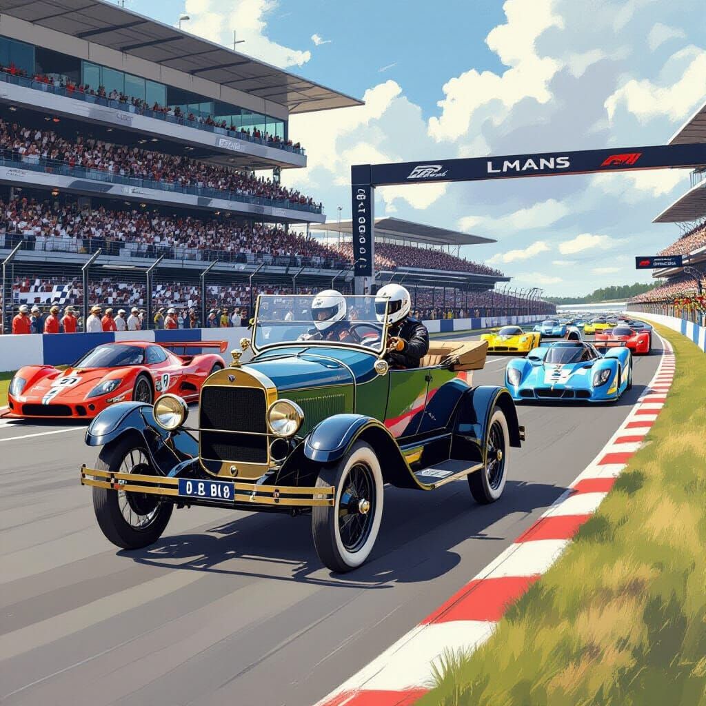 Vintage Car Leads Le Mans, Stylized Art